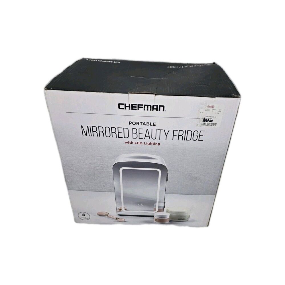 Chefman Portable Mirrored Beauty Fridge with LED Lighting 4L Mini Fridge